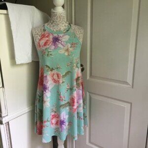 Floral Sleeveless Pockets Mint Green Pink Dress